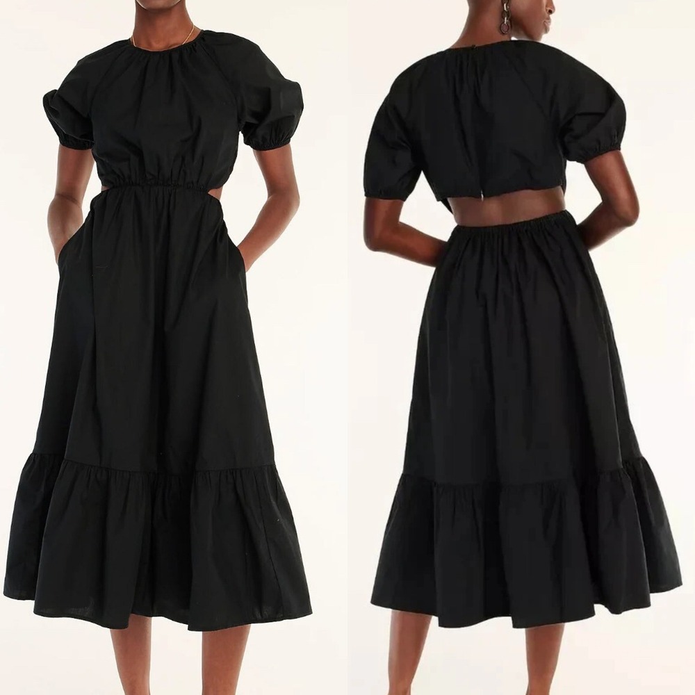 J. Crew Side-cutout Cotton Poplin Black Puff Sleeve BG397‎ Midi Dress Size 4